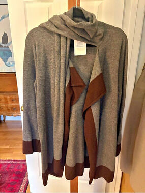 Lauren Ralph Lauren Wool Cashmere Colorblock Scarf Neck Cardigan Gray & Brown